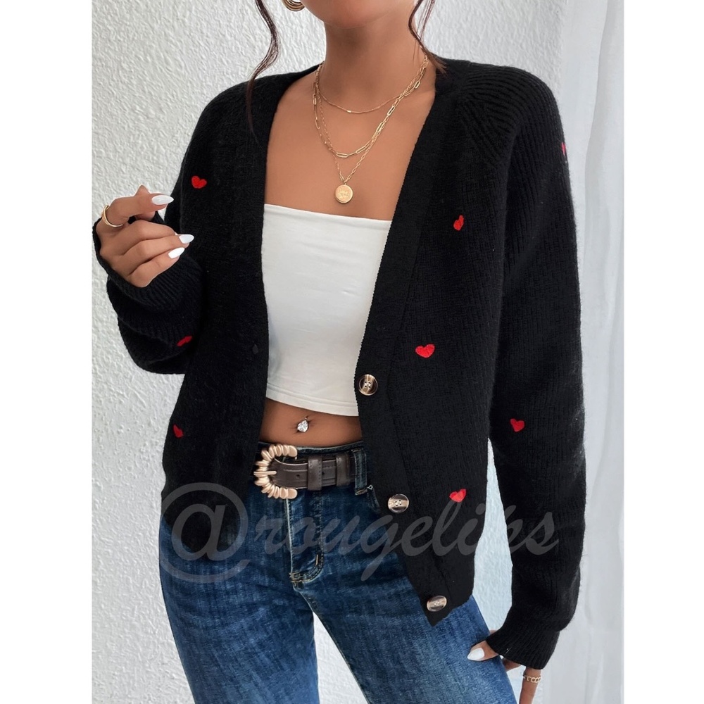 Red Hearts Cardigan Black Oversized Long Sleeve, Button Through Drop Shoulder - Picture 3 of 7
